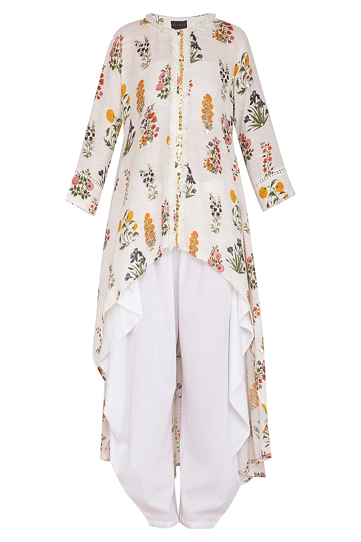 White High-Low Embroidered Tunic With Dhoti Pants by Ayinat By Taniya O'Connor