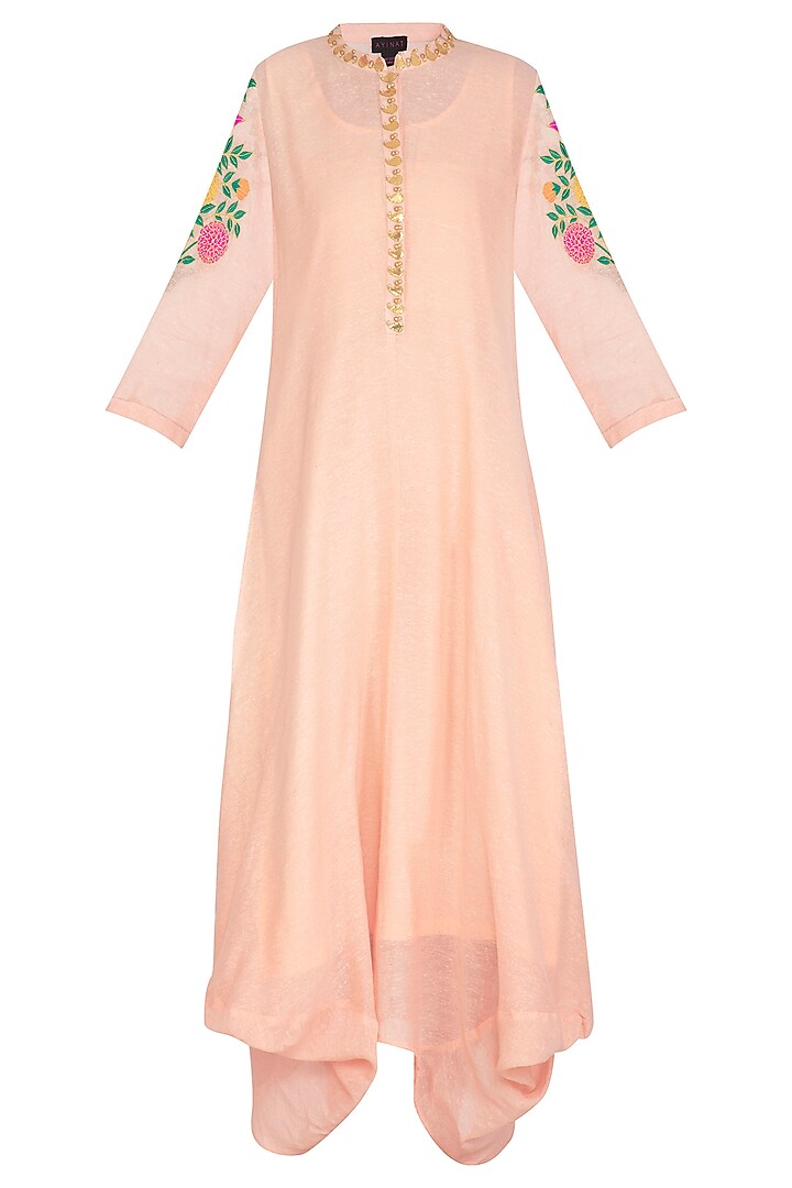Blush Pink Embroidered Cowl Draped Kurta Dress With Slip by Ayinat By Taniya O'Connor