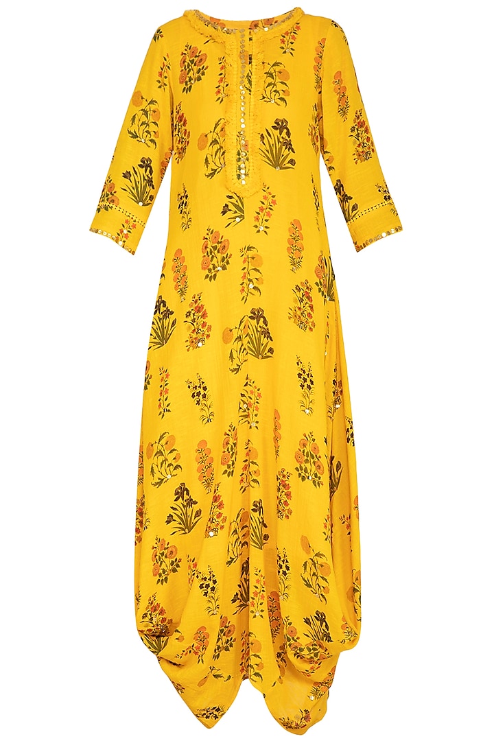 Yellow Printed & Embroidered Kurta Dress With Slip by Ayinat By Taniya O'Connor