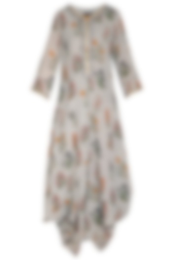 Soft Grey Printed & Embroidered Kurta Dress With Slip by Ayinat By Taniya O'Connor