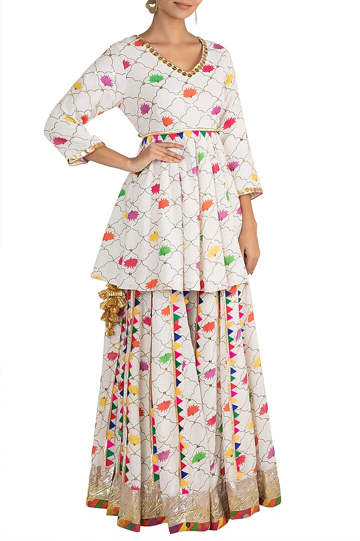 White Embellished Printed Peplum Kurta With Wedding Sharara Pants by Ayinat By Taniya O'Connor at Pernia's Pop Up Shop