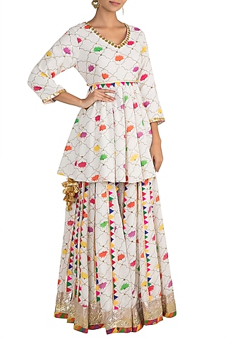 White Embellished Printed Peplum Kurta With Sharara Pants by Ayinat By Taniya O'Connor