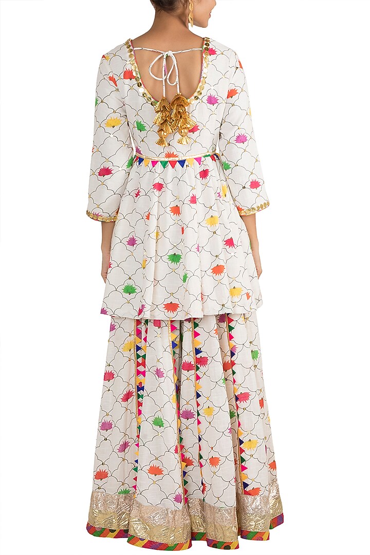 White Embellished Printed Peplum Kurta With Wedding Sharara Pants by Ayinat By Taniya O'Connor at Pernia's Pop Up Shop
