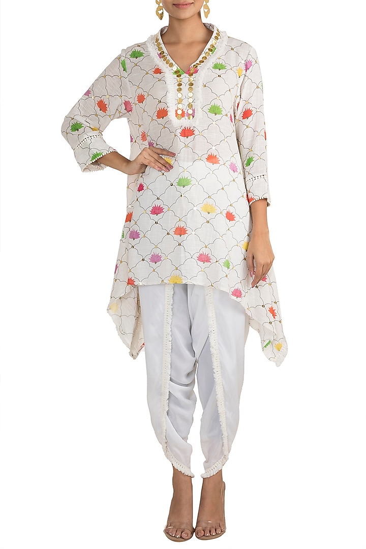 White Embellished Printed Tunic With Dhoti Pants by Ayinat By Taniya O'Connor at Pernia's Pop Up Shop