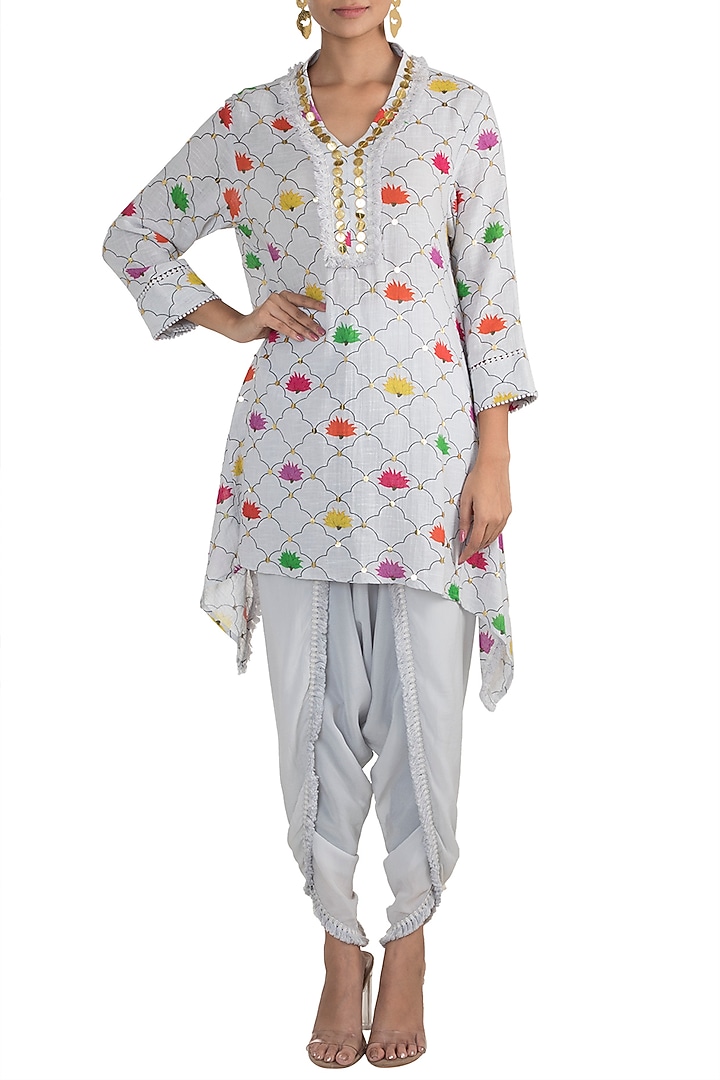 White Printed Embellished Tunic With Dhoti Pants by Ayinat By Taniya O'Connor at Pernia's Pop Up Shop