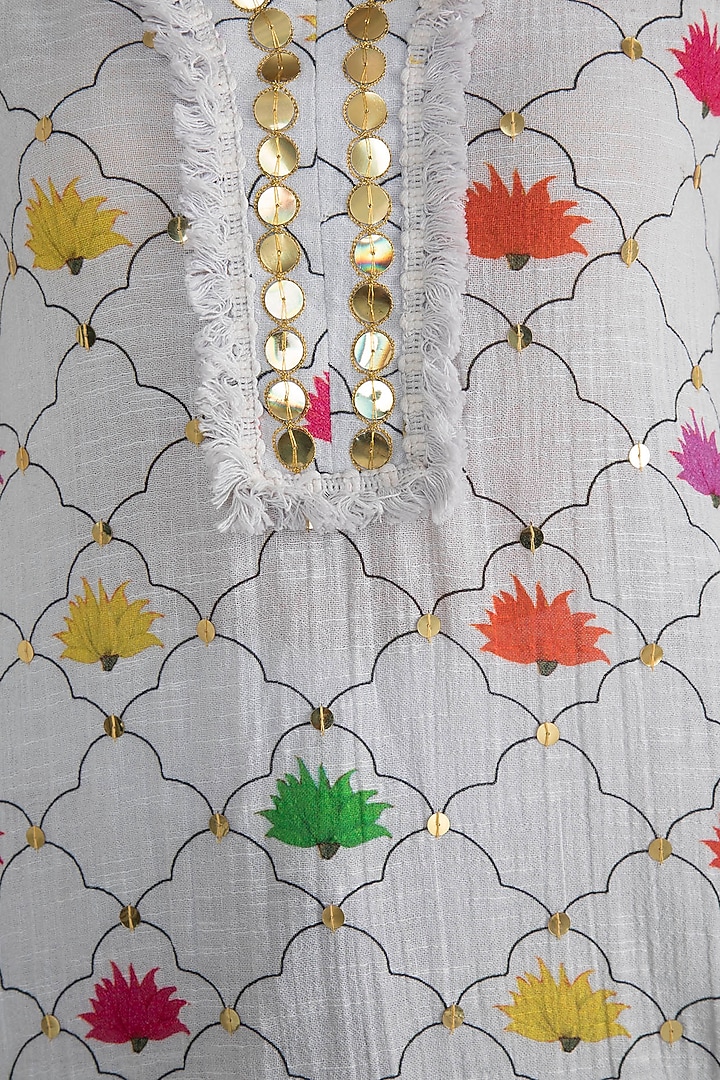 White Printed Embellished Tunic With Dhoti Pants by Ayinat By Taniya O'Connor at Pernia's Pop Up Shop