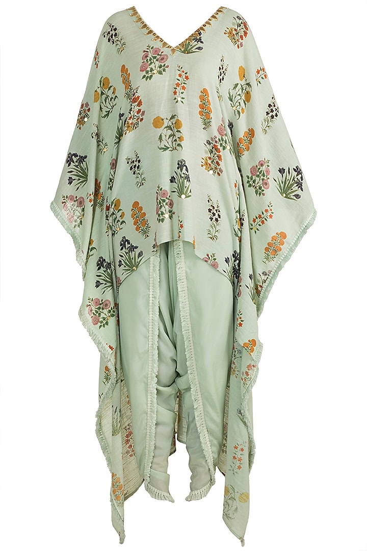 Mint Green Embellished Printed Kaftan With Dhoti Pants Design by Ayinat ...