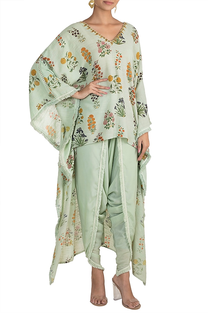 Mint Green Embellished Printed Kaftan With Dhoti Pants by Ayinat By Taniya O'Connor at Pernia's Pop Up Shop