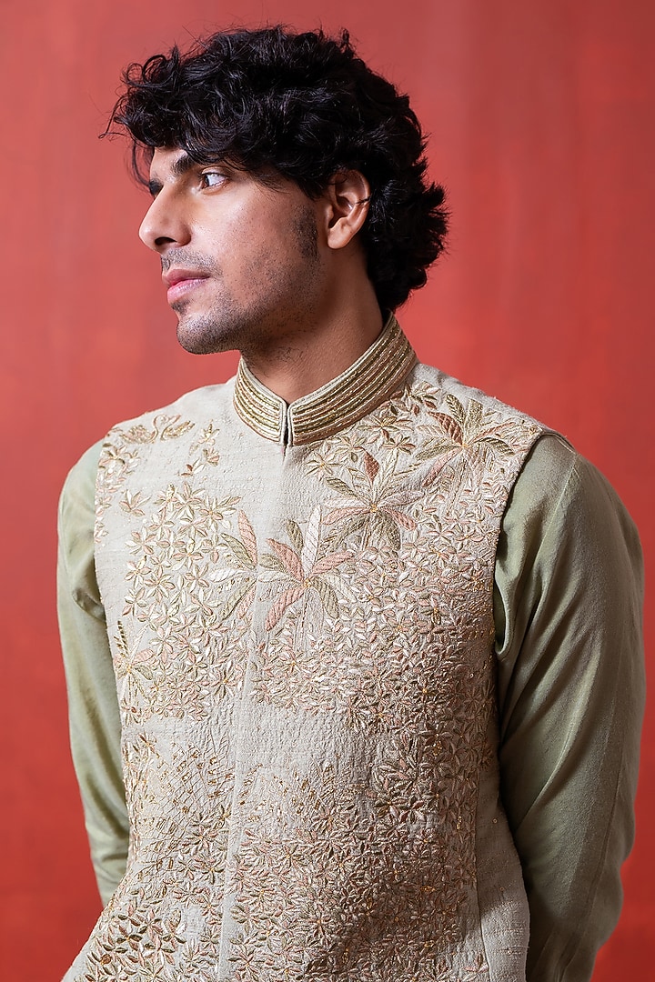 Green Silk Hand Embroidered Bundi Jacket by AYUSH JAIN at Pernia's Pop Up Shop