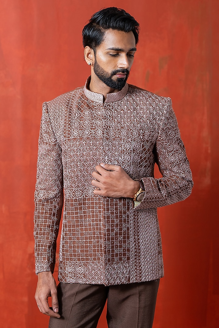 Brown Silk Hand Embroidered Bandhgala Jacket by AYUSH JAIN