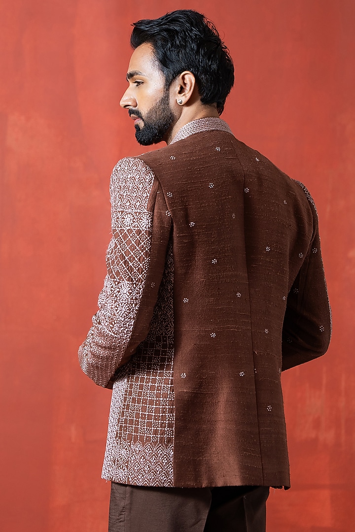 Brown Silk Hand Embroidered Wedding Bandhgala Jacket by AYUSH JAIN at Pernia's Pop Up Shop