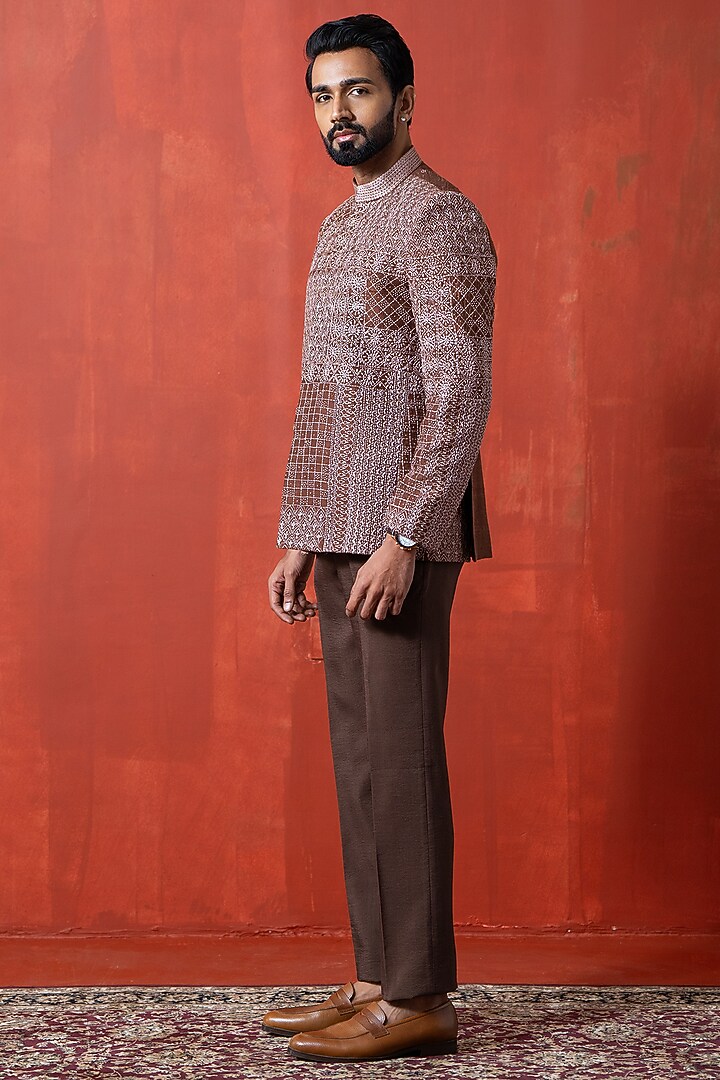 Brown Silk Hand Embroidered Wedding Bandhgala Jacket by AYUSH JAIN at Pernia's Pop Up Shop