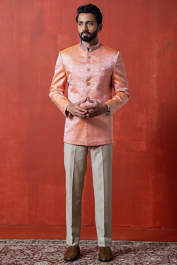 Orange-Pink Handwoven Banarasi Bandhgala Jacket by AYUSH JAIN