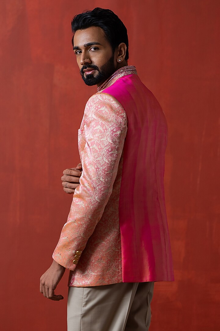 Orange-Pink Handwoven Banarasi Wedding Bandhgala Jacket by AYUSH JAIN at Pernia's Pop Up Shop