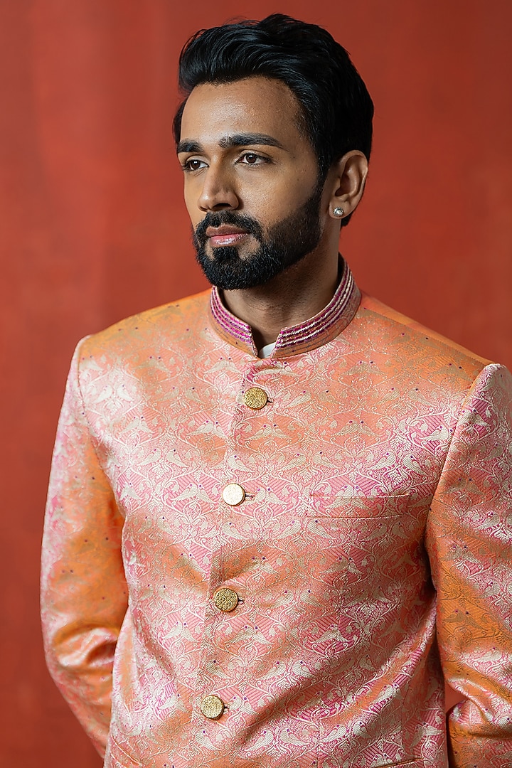 Orange-Pink Handwoven Banarasi Wedding Bandhgala Jacket by AYUSH JAIN at Pernia's Pop Up Shop