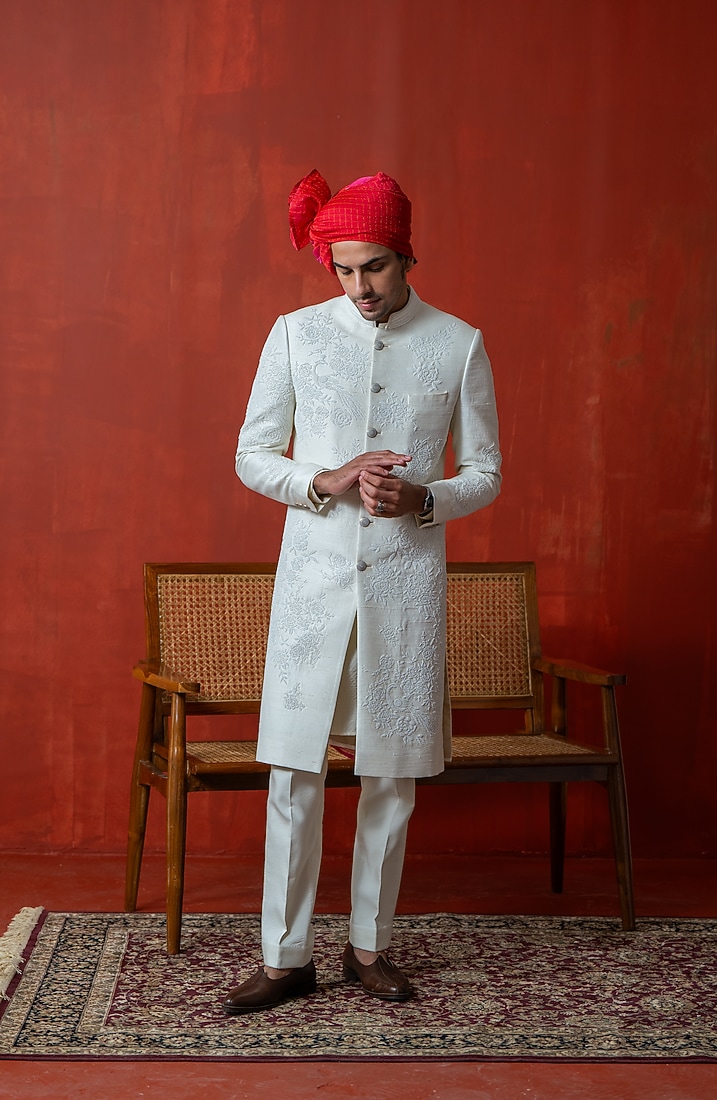 Ivory Cotton Silk & Raw Silk Hand Embroidered Wedding Sherwani Set by AYUSH JAIN at Pernia's Pop Up Shop