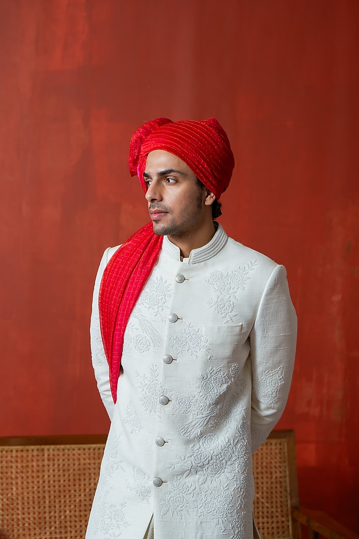 Ivory Cotton Silk & Raw Silk Hand Embroidered Wedding Sherwani Set by AYUSH JAIN at Pernia's Pop Up Shop