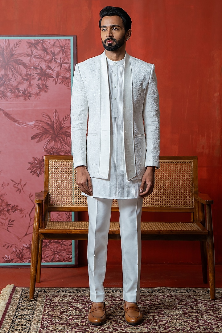 White Cotton Silk & Raw Silk Embroidered Indowestern Set by AYUSH JAIN