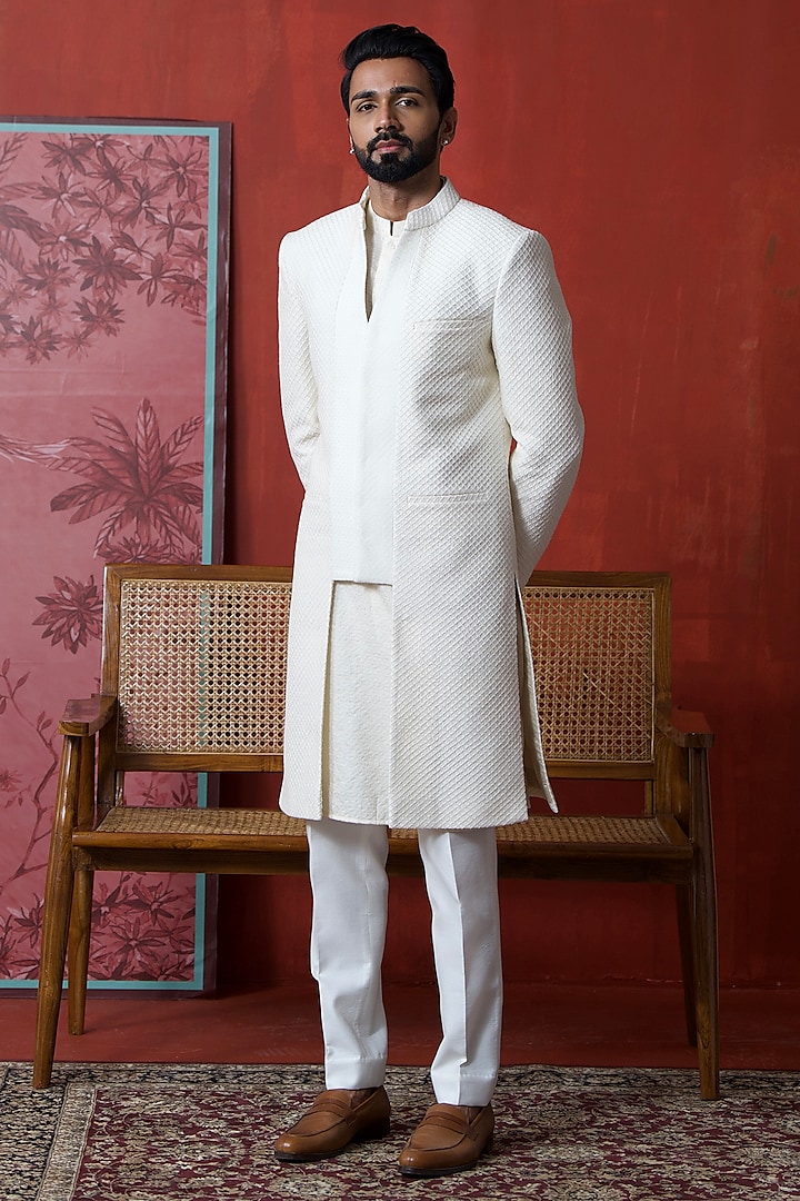 Off-White Cotton Silk Jacquard & Chanderi Silk Embroidered Layered Indowestern Set by AYUSH JAIN