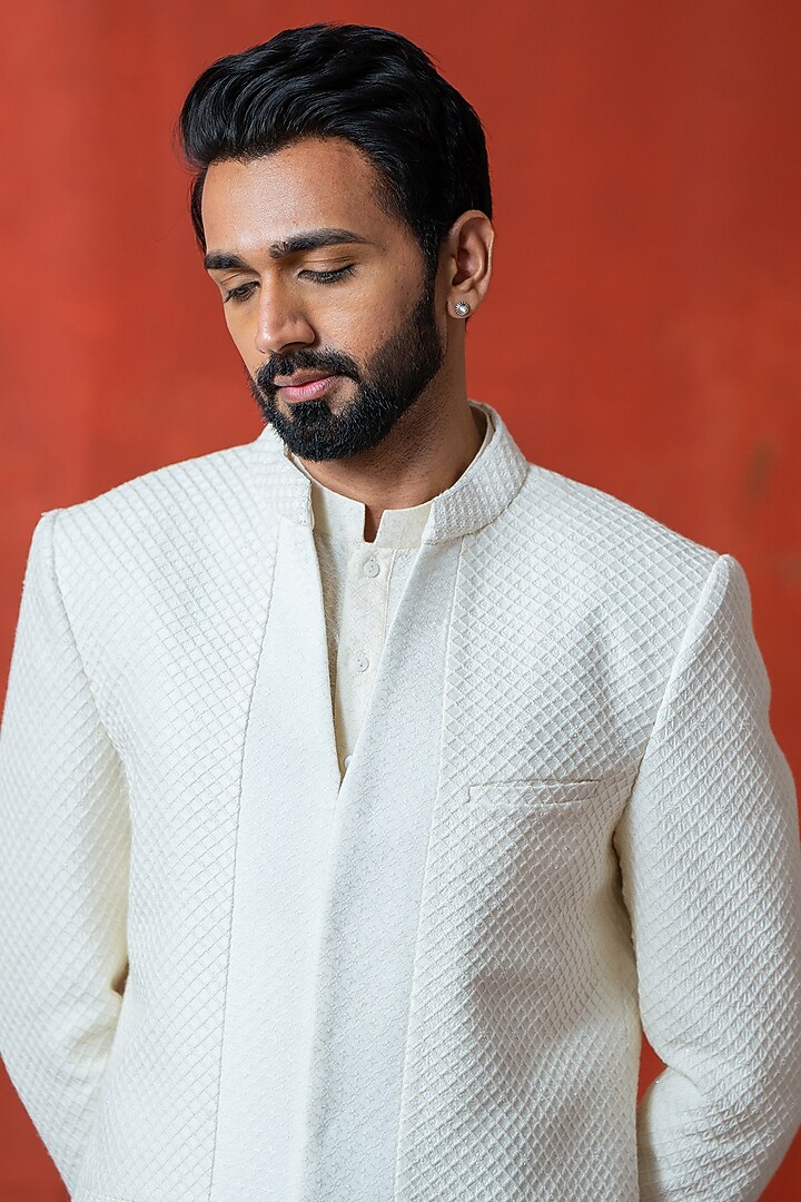 Off-White Cotton Silk Jacquard & Chanderi Silk Embroidered Layered Wedding Indowestern Set by AYUSH JAIN at Pernia's Pop Up Shop