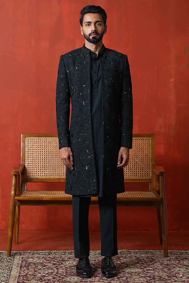 Black Cotton Silk & Silk Hand Embroidered Indowestern Set by AYUSH JAIN