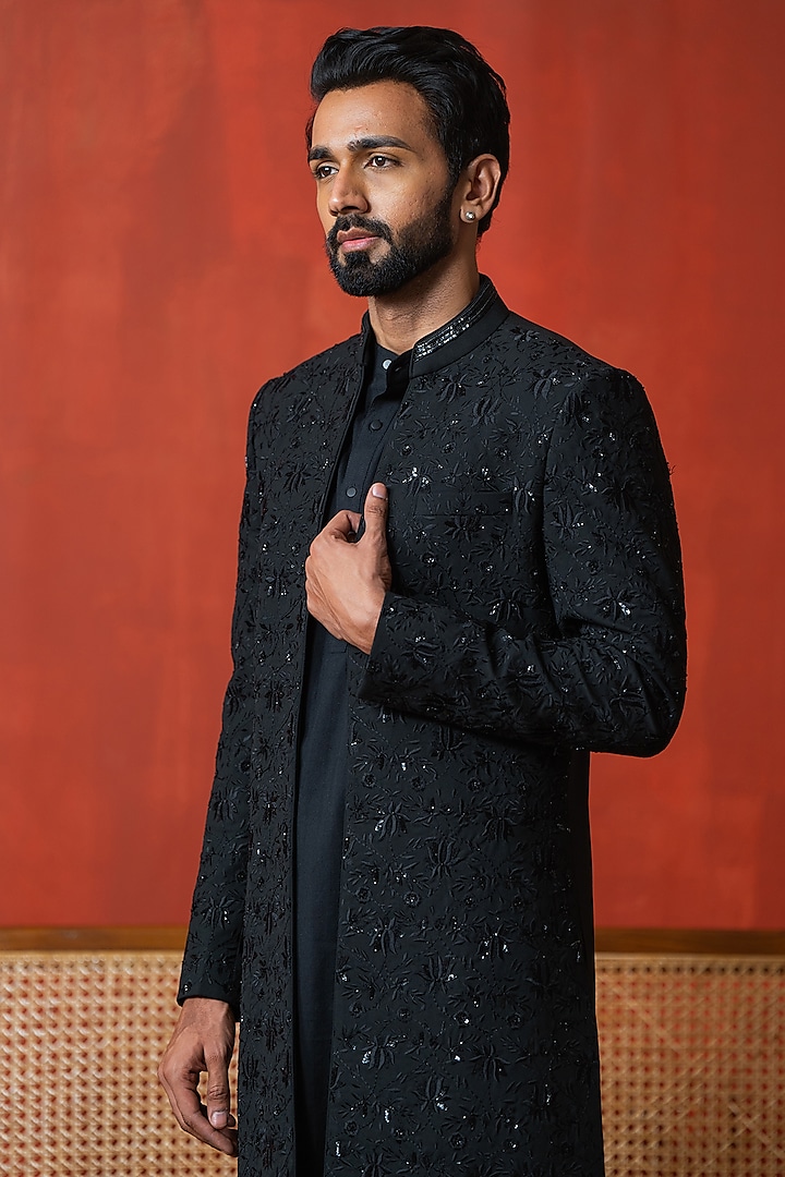 Black Cotton Silk & Silk Hand Embroidered Wedding Indowestern Set by AYUSH JAIN at Pernia's Pop Up Shop