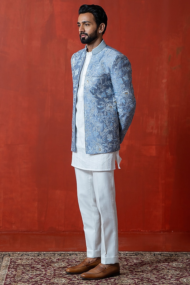 Bluish Grey Cotton Silk & Raw Silk Hand Embroidered Indowestern Set by AYUSH JAIN