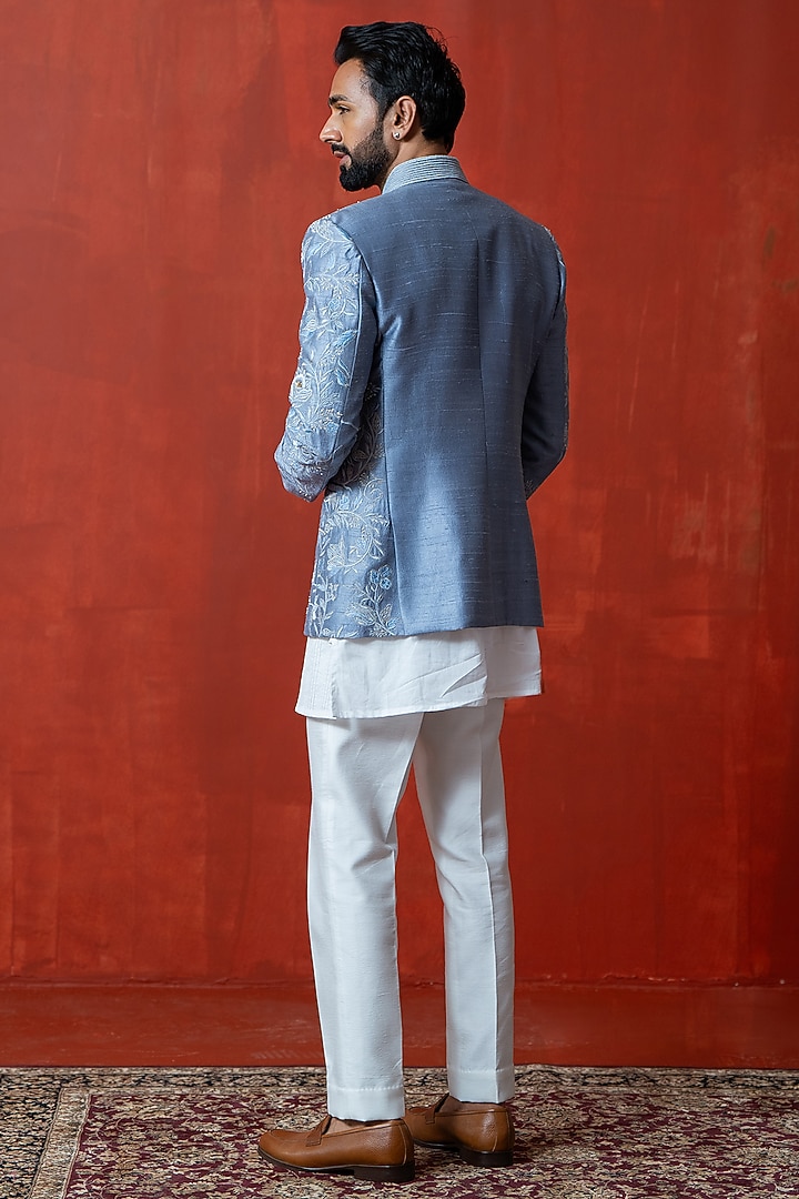 Bluish Grey Cotton Silk & Raw Silk Hand Embroidered Wedding Indowestern Set by AYUSH JAIN at Pernia's Pop Up Shop