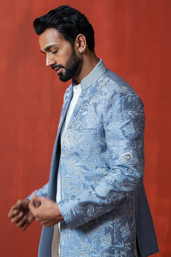 Bluish Grey Cotton Silk & Raw Silk Hand Embroidered Wedding Indowestern Set by AYUSH JAIN at Pernia's Pop Up Shop