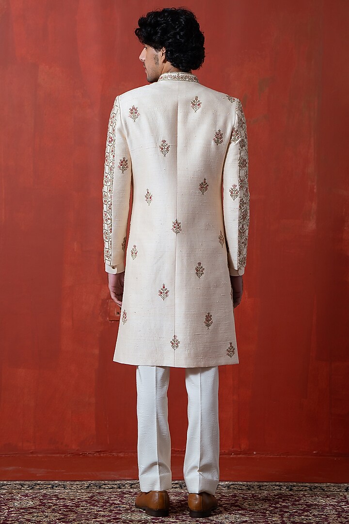 Light Peach Cotton Silk & Raw Silk Floral Embroidered Groom Sherwani Set by AYUSH JAIN at Pernia's Pop Up Shop