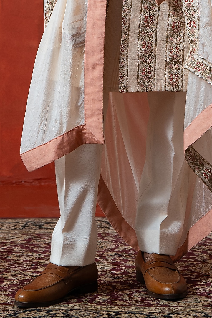 Light Peach Cotton Silk & Raw Silk Floral Embroidered Groom Sherwani Set by AYUSH JAIN at Pernia's Pop Up Shop