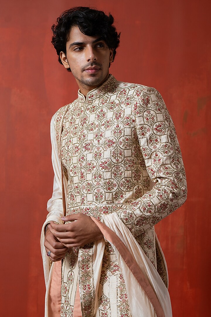 Light Peach Cotton Silk & Raw Silk Floral Embroidered Groom Sherwani Set by AYUSH JAIN at Pernia's Pop Up Shop