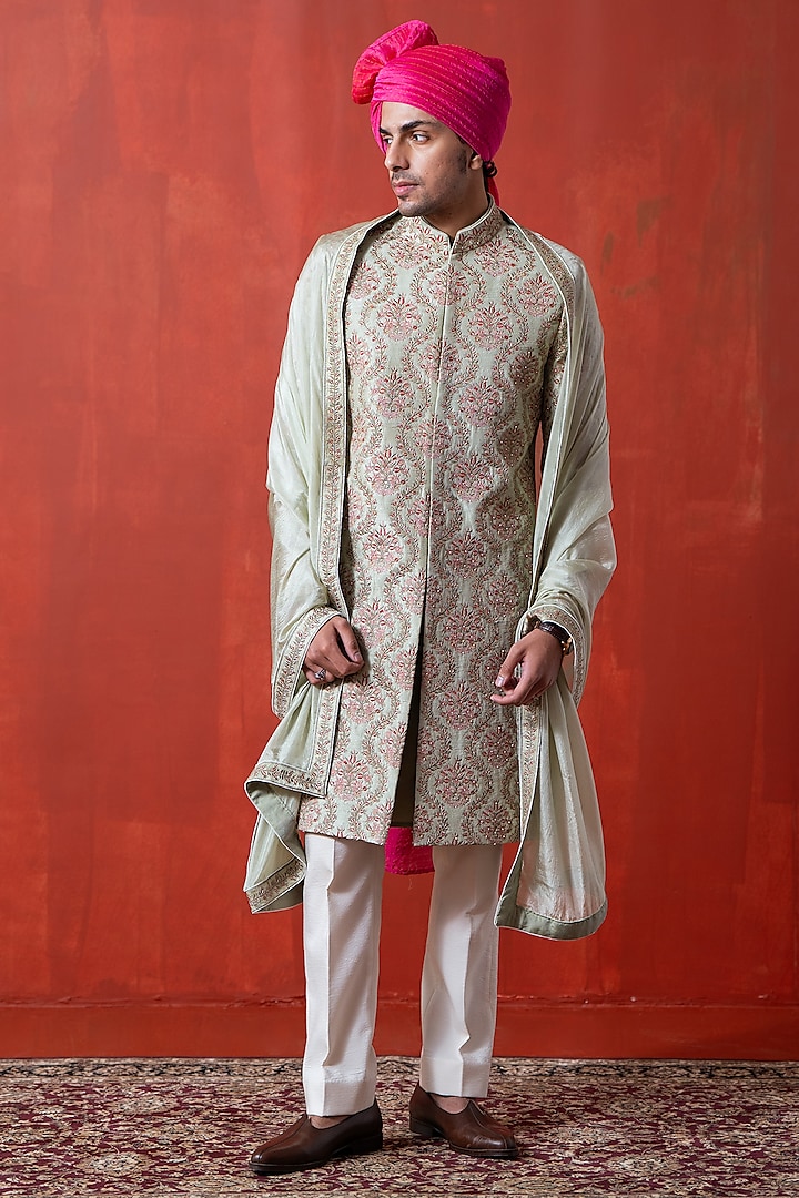 Green Cotton Silk & Raw Silk Hand Embroidered Sherwani Set by AYUSH JAIN