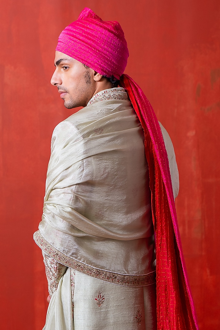 Green Cotton Silk & Raw Silk Hand Embroidered Groom Sherwani Set by AYUSH JAIN at Pernia's Pop Up Shop