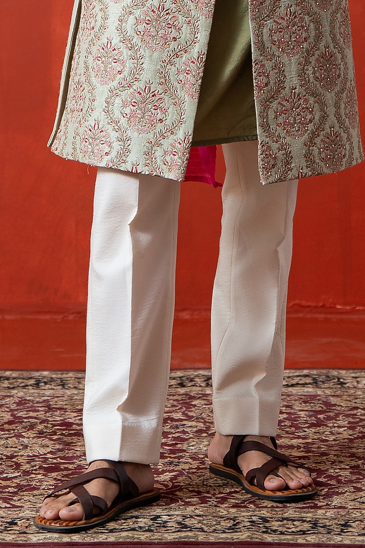 Green Cotton Silk & Raw Silk Hand Embroidered Groom Sherwani Set by AYUSH JAIN at Pernia's Pop Up Shop