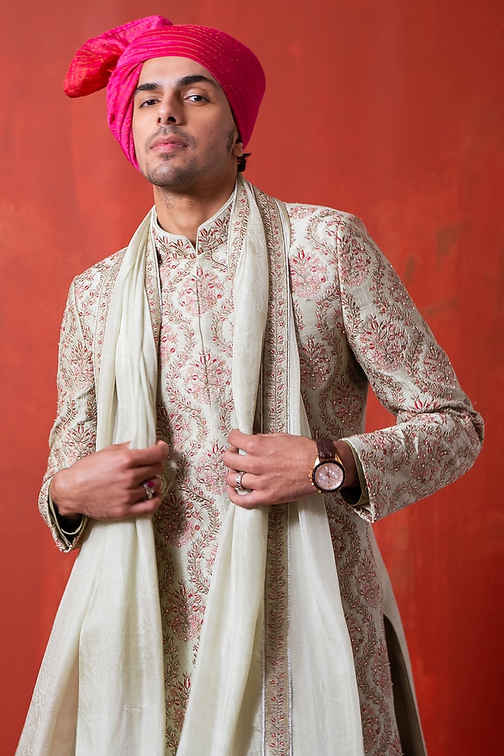 Green Cotton Silk & Raw Silk Hand Embroidered Groom Sherwani Set by AYUSH JAIN at Pernia's Pop Up Shop