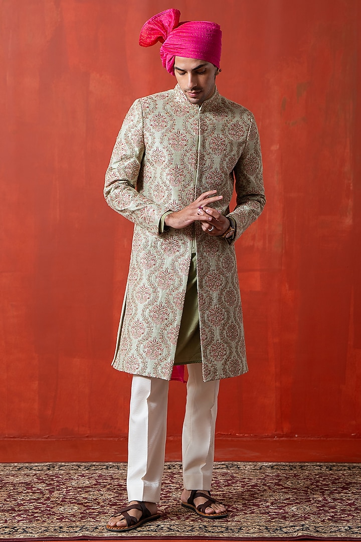 Green Cotton Silk & Raw Silk Hand Embroidered Groom Sherwani Set by AYUSH JAIN at Pernia's Pop Up Shop