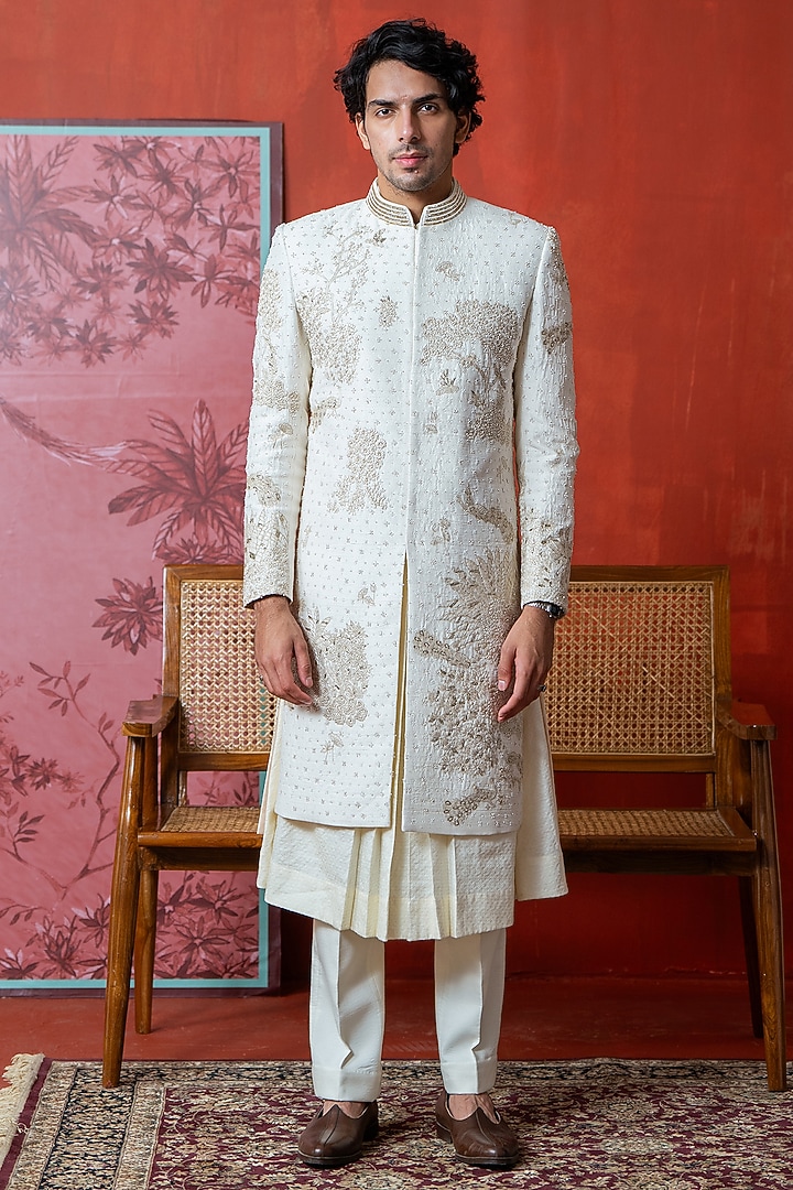 Off-white Cotton Silk & Raw Silk Hand Embellished Groom Sherwani Set by AYUSH JAIN at Pernia's Pop Up Shop