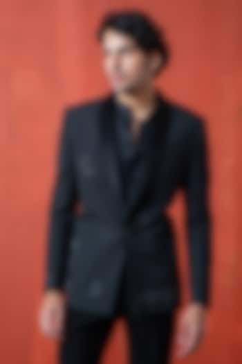 Black Suiting & Velvet Hand Embroidered Tuxedo Jacket by AYUSH JAIN