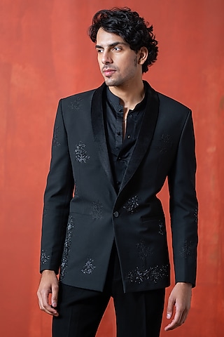 Black Suiting & Velvet Hand Embroidered Tuxedo Jacket by AYUSH JAIN