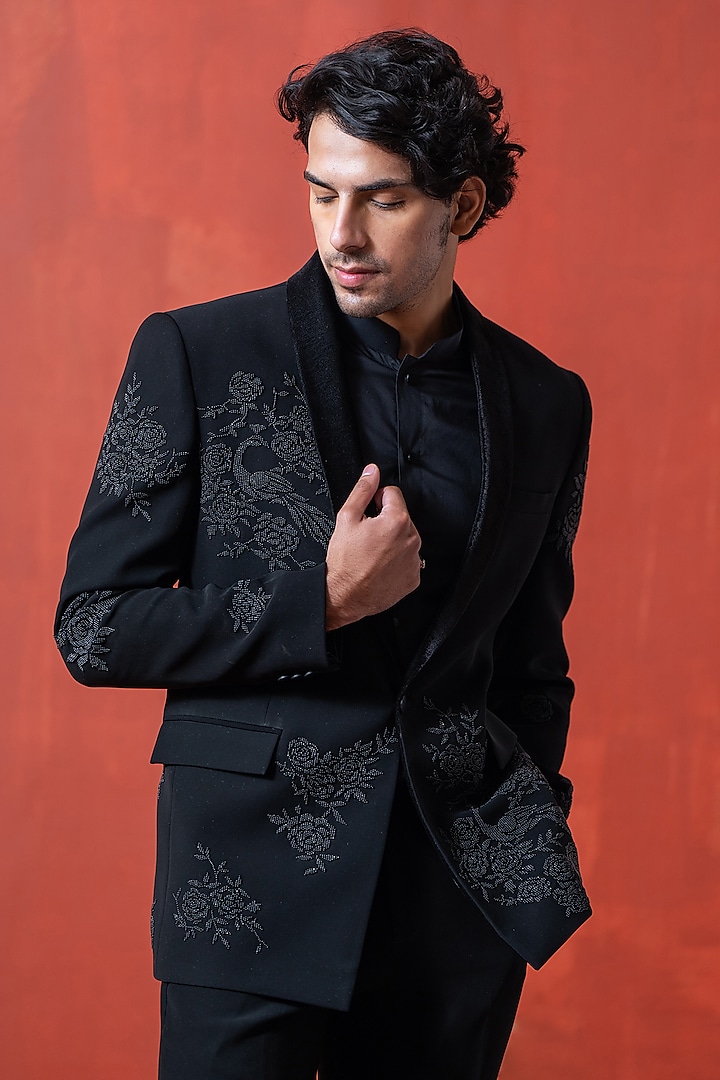 Black Suiting & Velvet Hand Embroidered Tuxedo Jacket by AYUSH JAIN