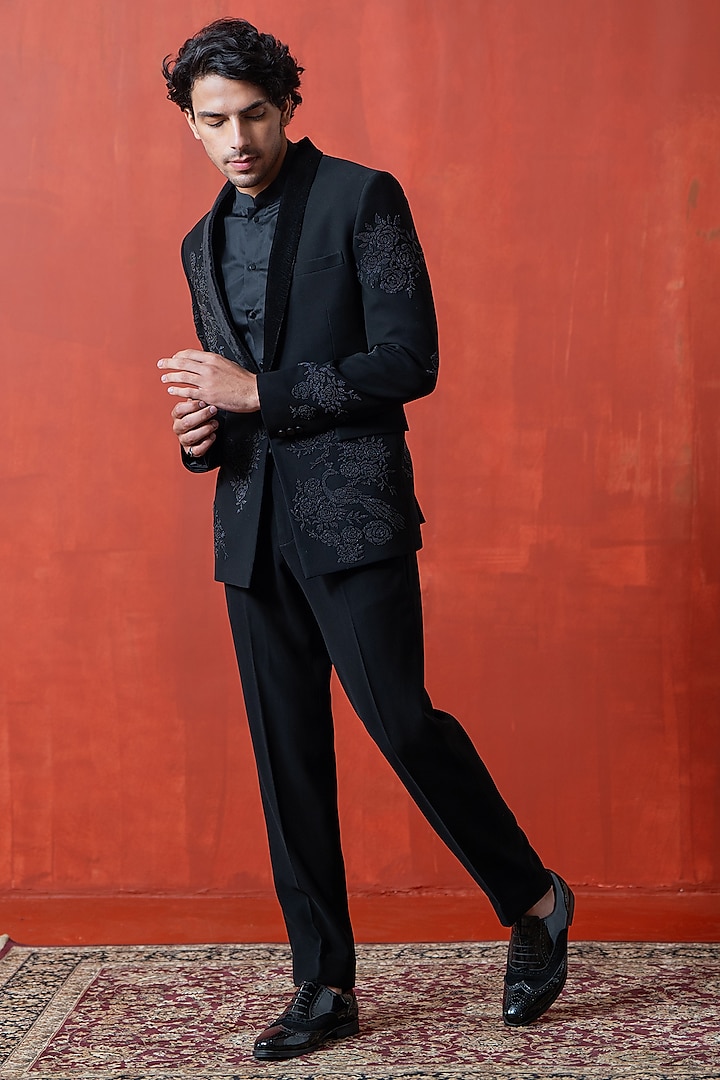 Black Suiting & Velvet Hand Embroidered Tuxedo Jacket by AYUSH JAIN at Pernia's Pop Up Shop