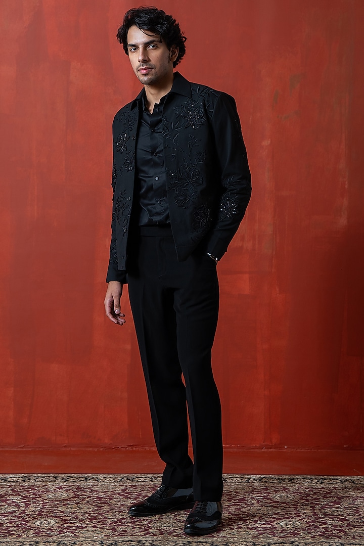 Black Suiting Floral Embroidered Tuxedo Shacket by AYUSH JAIN