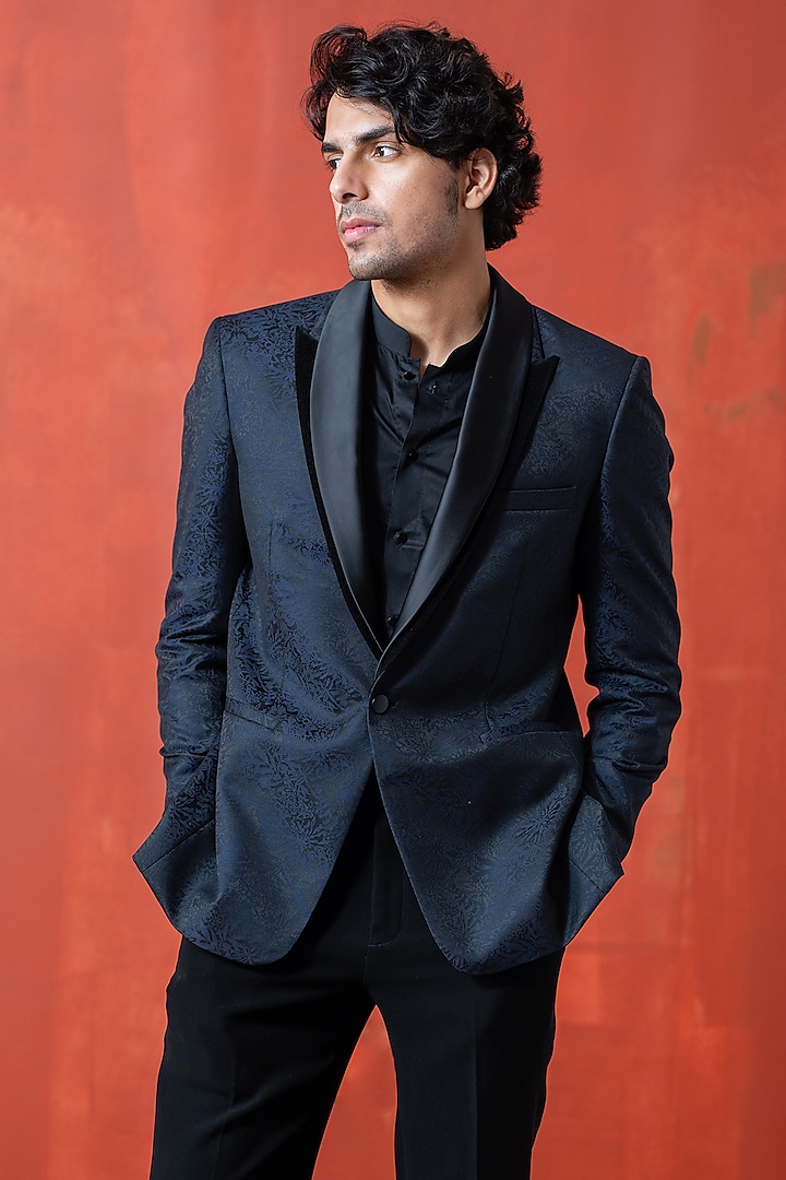 Dark Blue & Black Suiting Shaded Blazer by AYUSH JAIN