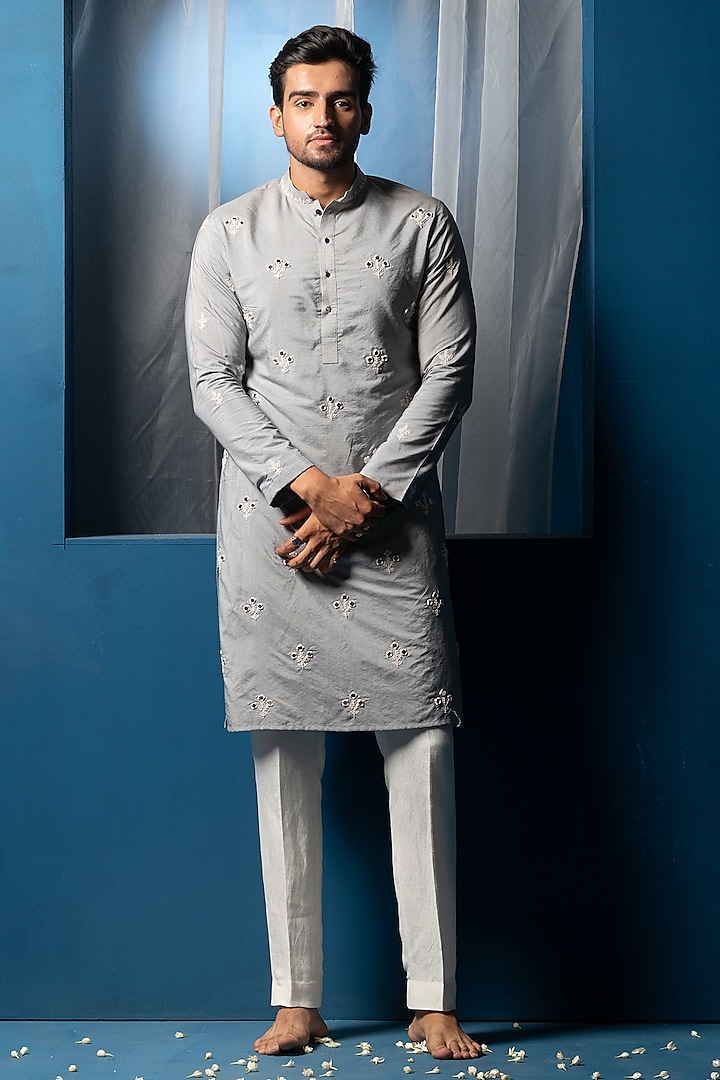 Steel Blue Cotton Silk Mirror Embroidered Kurta by AYUSH JAIN