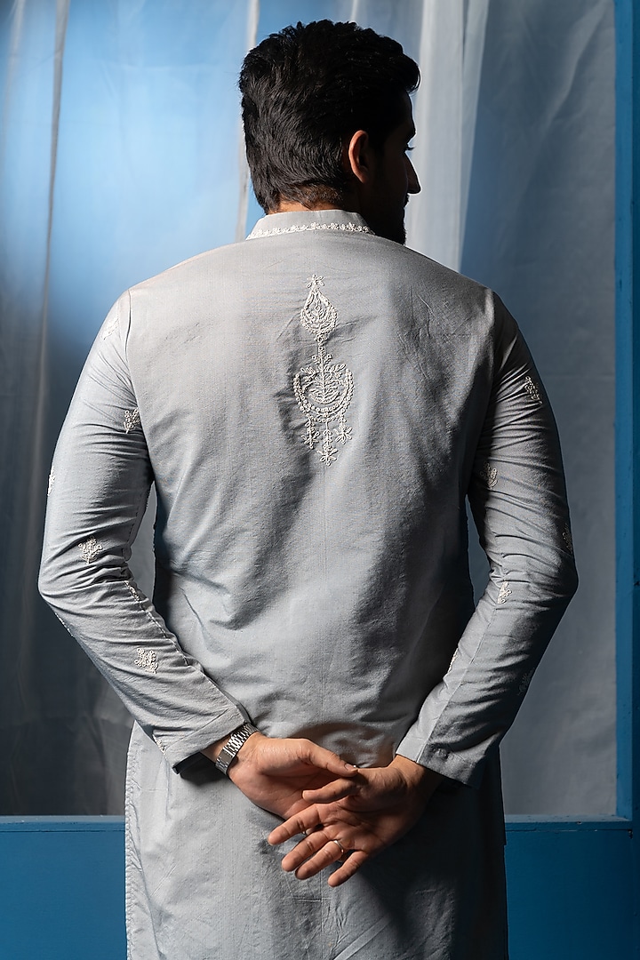 Steel Blue Cotton Silk Mirror Embroidered Kurta by AYUSH JAIN at Pernia's Pop Up Shop