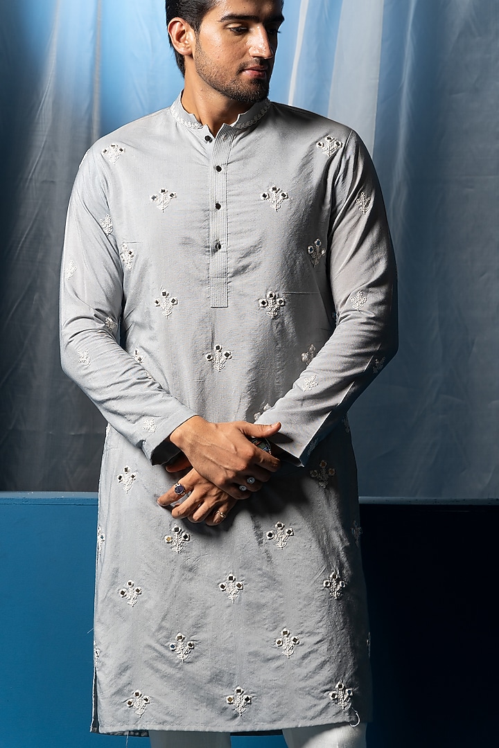 Steel Blue Cotton Silk Mirror Embroidered Kurta by AYUSH JAIN at Pernia's Pop Up Shop