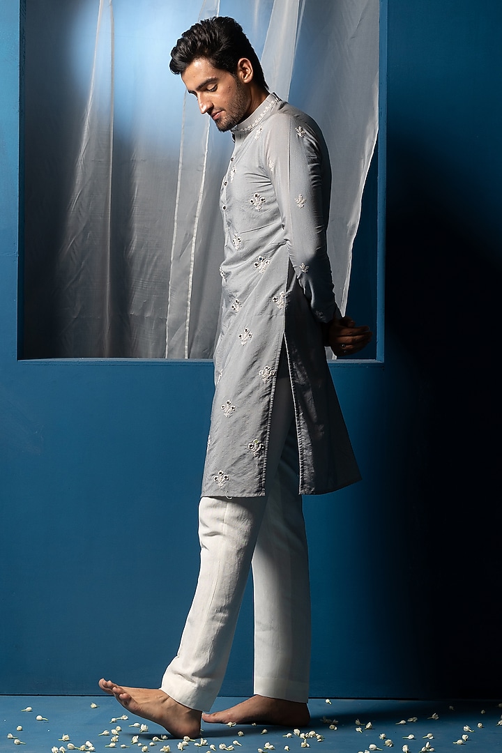 Steel Blue Cotton Silk Mirror Embroidered Kurta by AYUSH JAIN at Pernia's Pop Up Shop
