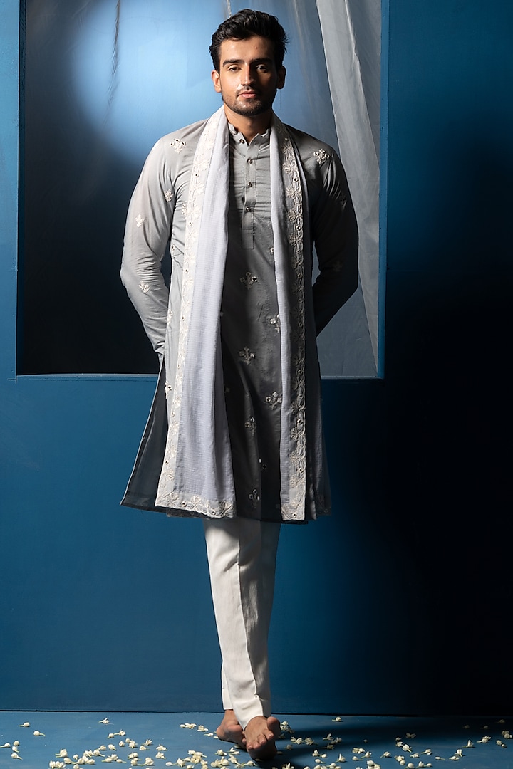 Steel Blue Cotton Silk Mirror Embroidered Kurta With Stole by AYUSH JAIN