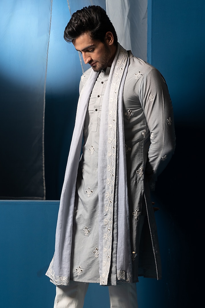 Steel Blue Cotton Silk Mirror Embroidered Kurta With Stole by AYUSH JAIN at Pernia's Pop Up Shop